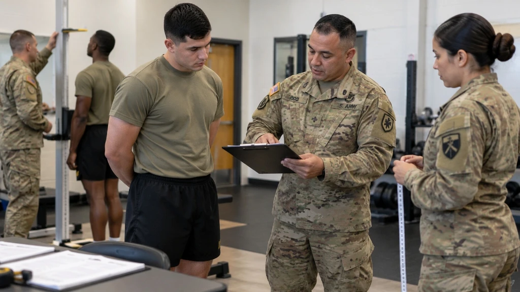 Army screening team reviewing soldier body composition and height measurements on clipboard