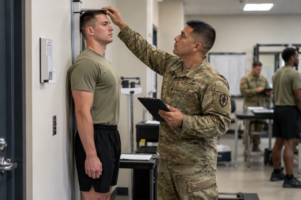 Soldier standing for official height measurement on stadiometer for Army WHtR