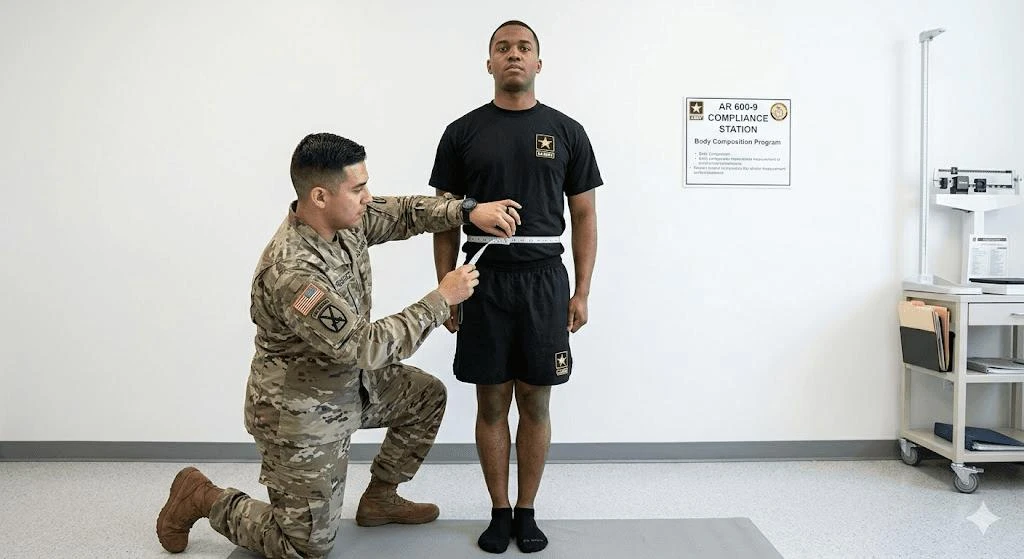U.S. Army soldier having waist circumference measured during a body composition assessment