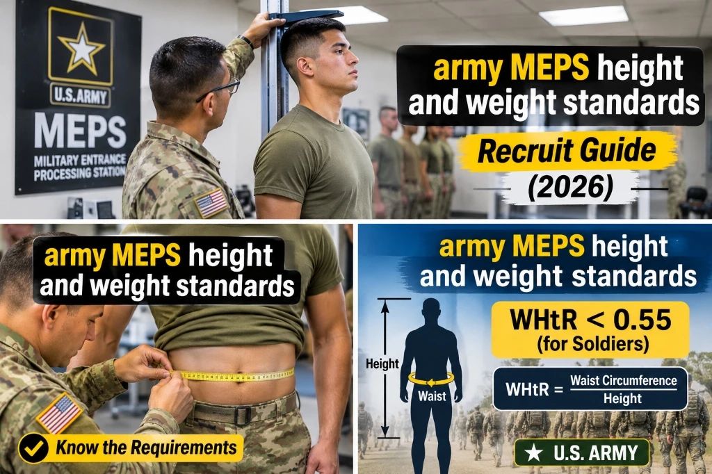 Army MEPS Height and Weight Standards Recruit Guide 2026 showing applicant screening, height, and waist measurement